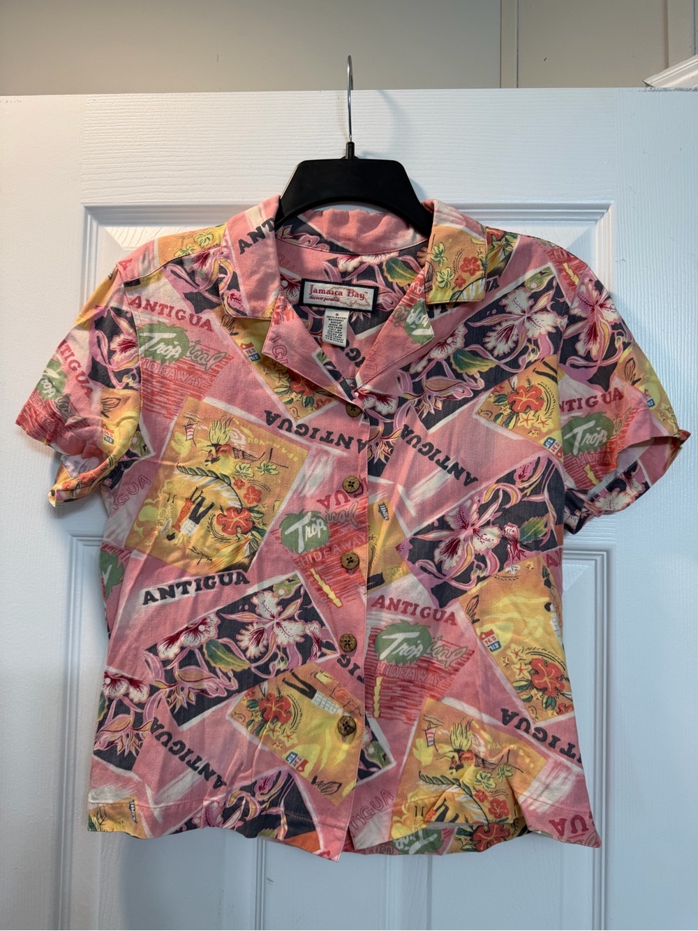 Jamaican Bay Tropical Print Button Front Camp Shirt  - Pink & Yellow